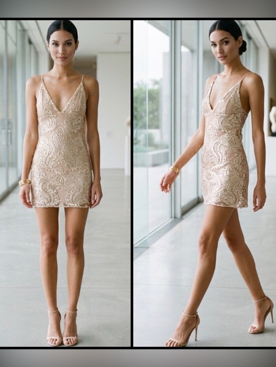 Free People Dresses & Skirts - Free People Night Shimmers Baroque Lace Sequin Coquette Mini Ivory Gold Dress O